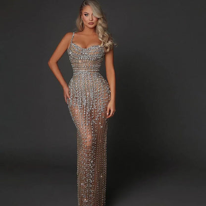 Luxury Dubai Arabic Silver Strapless Mermaid Evening Dresses Gowns Pearls Beaded for Women Wedding Party 2025 LA72576
