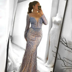 Luxury Dubai White Nude Mermaid Evening Dresses Long Sleeve LA72634
