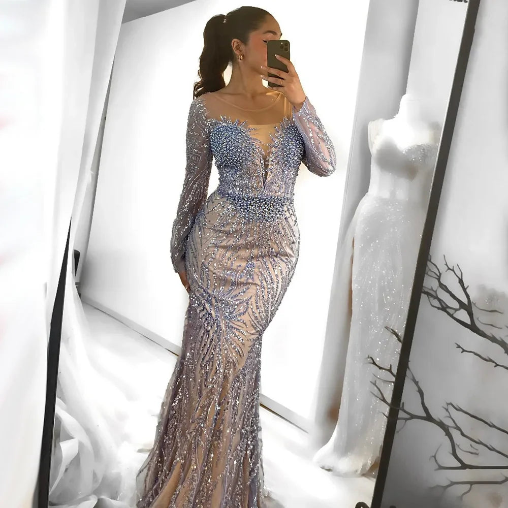 Luxury Dubai White Nude Mermaid Evening Dresses Long Sleeve LA72634