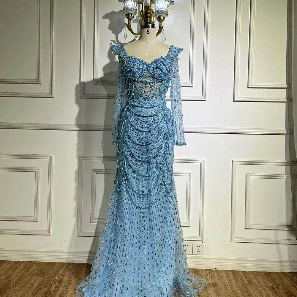 2025 Arabic Sage Green Sweetheart Mermaid Pearls Beaded Luxury Dubai Evening Gown for Women's Party LA72660