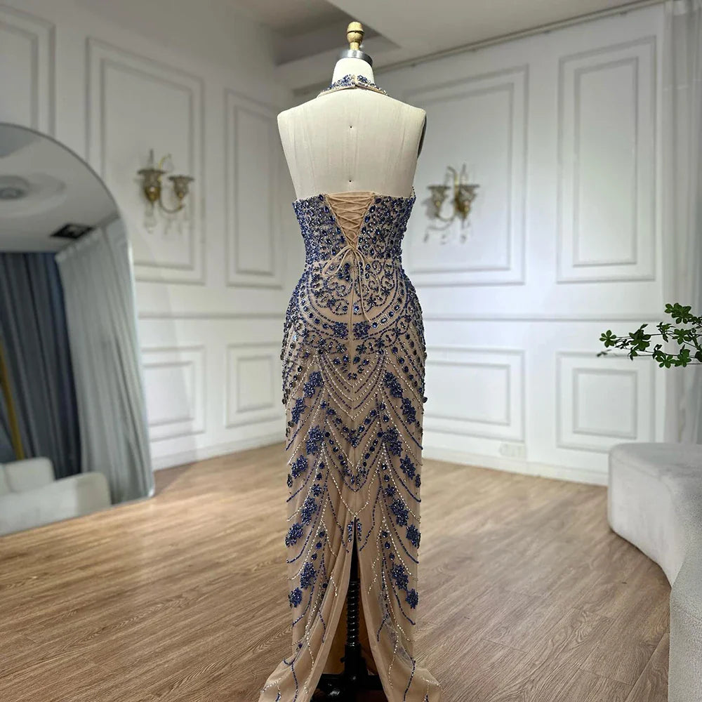 2025 Elegant Blue Saudi Arabic Halter Neck Evening Gown Crystal Beaded Dress for Formal Occasion LA72760