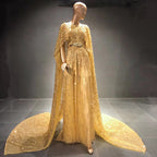 Vestidos de noche dorados de lujo, corte A, 2025, elegantes, con cuentas y mangas estilo capa para mujer, fiesta LA71502 