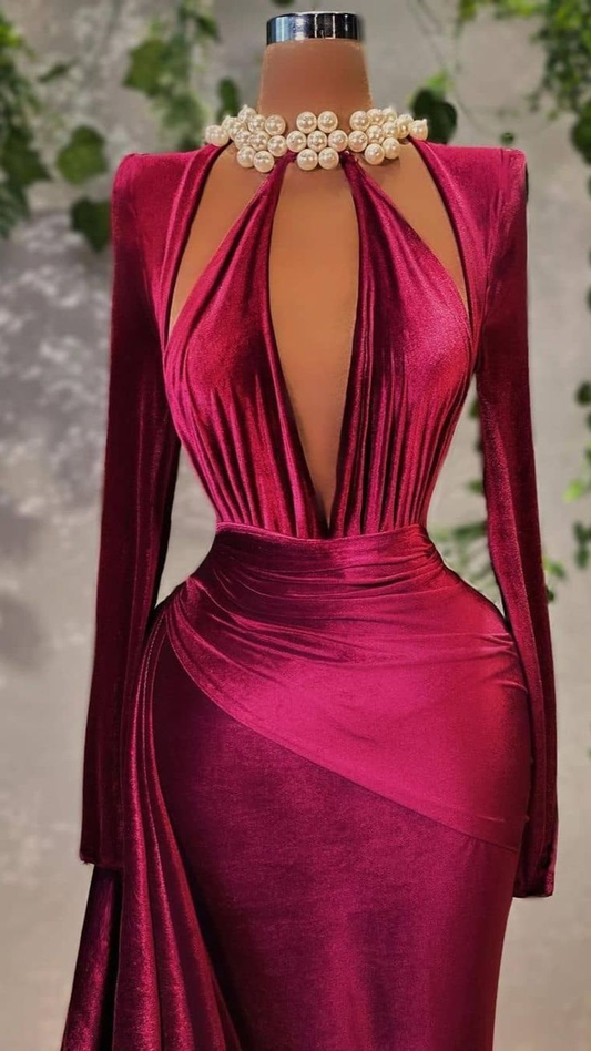 Sexy Velvet Long Sleeve Evening Dress Chic Evening Gown Y4934