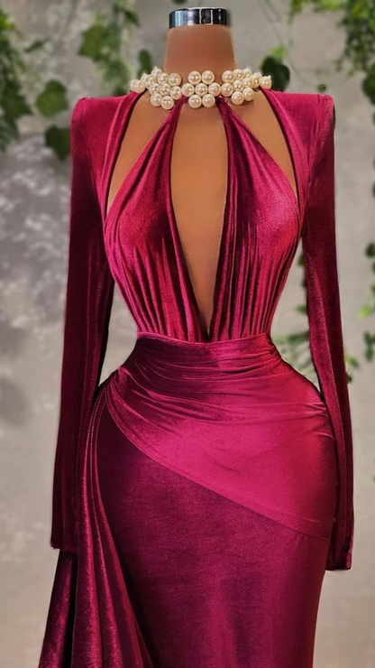 Sexy Velvet Long Sleeve Evening Dress Chic Evening Gown Y4934