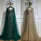 Vestido de noche árabe de sirena verde saudí 2025 con mangas de capa con cuentas para ocasiones formales LA72838 