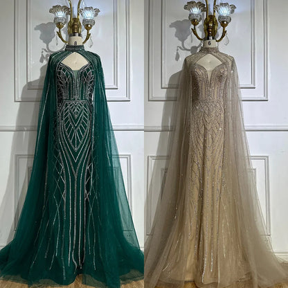 2025 Saudi Green Mermaid Arabic Evening Dresses with Beaded Cape Sleeves for Formal Occasion LA72838