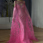 Elegantes langes Meerjungfrauenkleid für Damen für Hochzeiten, Fuchsia, mit Cape-Ärmeln, Perlenbesatz, Federverzierungen 2025 LA72286 
