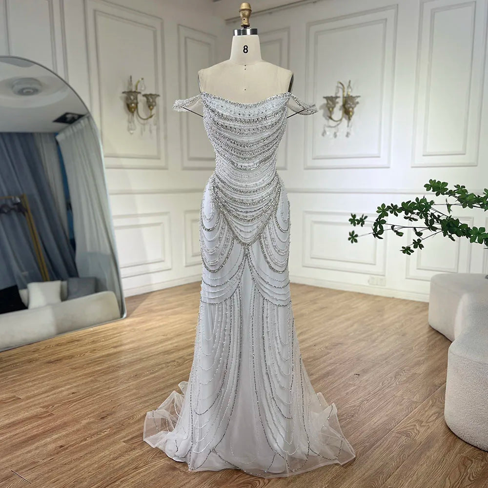Luxury Crystal Silver Nude Mermaid Dubai Evening Dresses LA72253