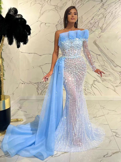 Vestido de noche elegante y sexy de sirena árabe azul con un solo hombro, 2025, con perlas de lujo y cuentas, para fiesta LA71718 