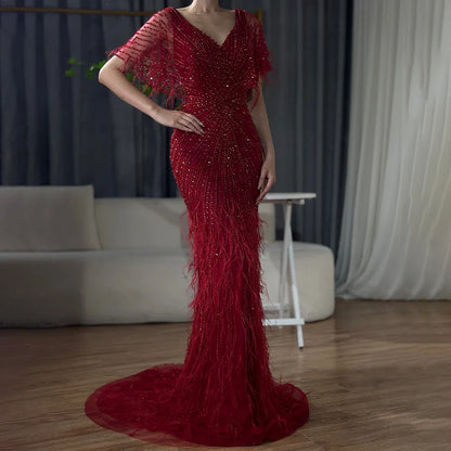 Vestidos de noche de lujo de sirena marrón, con cuentas y plumas, elegantes para mujer, para fiesta, LA71323 