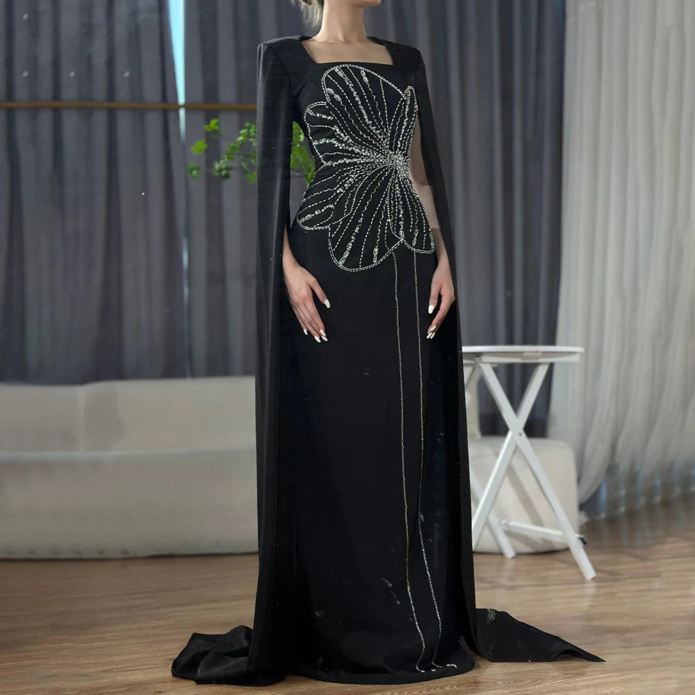 Vestido de noche elegante estilo sirena árabe negro con mangas estilo capa y cuentas de satén de lujo estilo Dubái para mujer, vestido de fiesta LA72461 