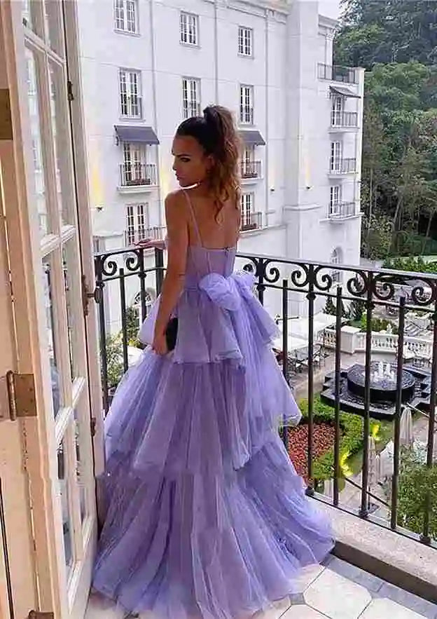 2025 Arabic Lilac A-Line Spaghetti Straps Long Tulle Prom Dress with Ruffles for Women's Party LA72681