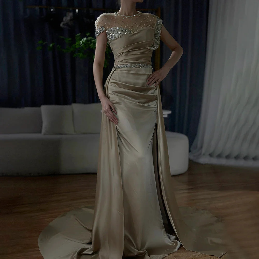 Arabic Nude Mermaid Elegant Satin With Overskirt Evening Dresses Gowns Luxury Beaded 2025 For Women Party LA71725