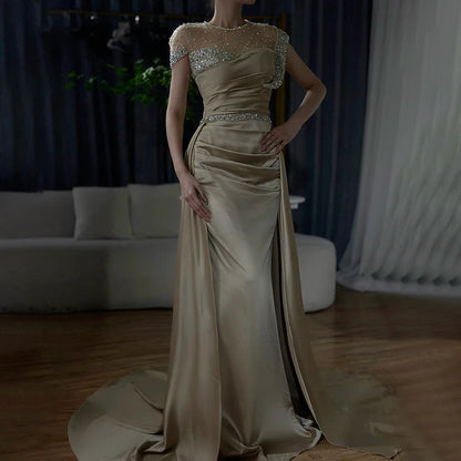Elegante vestido de noche árabe de sirena color nude con sobrefalda de satén y cuentas, para mujer, 2025, para fiesta, LA71725 