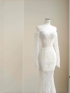 Romantisches weißes Spitzenapplikationen Tüll Pailletten Meerjungfrau Ballkleid Off Shoulder Abendkleid Y8663