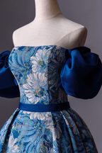 Blaues bedrucktes langes A-Linien-Ballkleid Blaues schulterfreies formelles Abendkleid Y4605