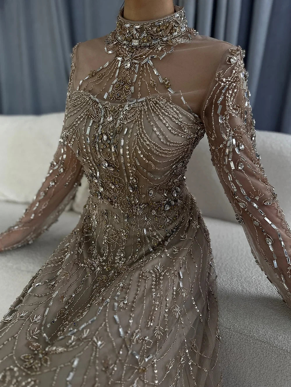 2025 Arabische A-Linie Blaue Spitze Perlen Luxus Abendkleider für Damen Party Dubai LA72704 