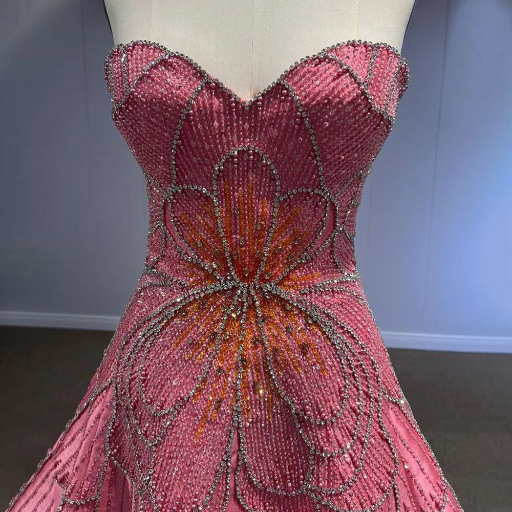 Vestidos de noche de lujo con cuentas, sin tirantes, de satén, corte A, color melocotón, de Dubái Arabia, para mujer, para boda, fiesta, 2025, LA72195 