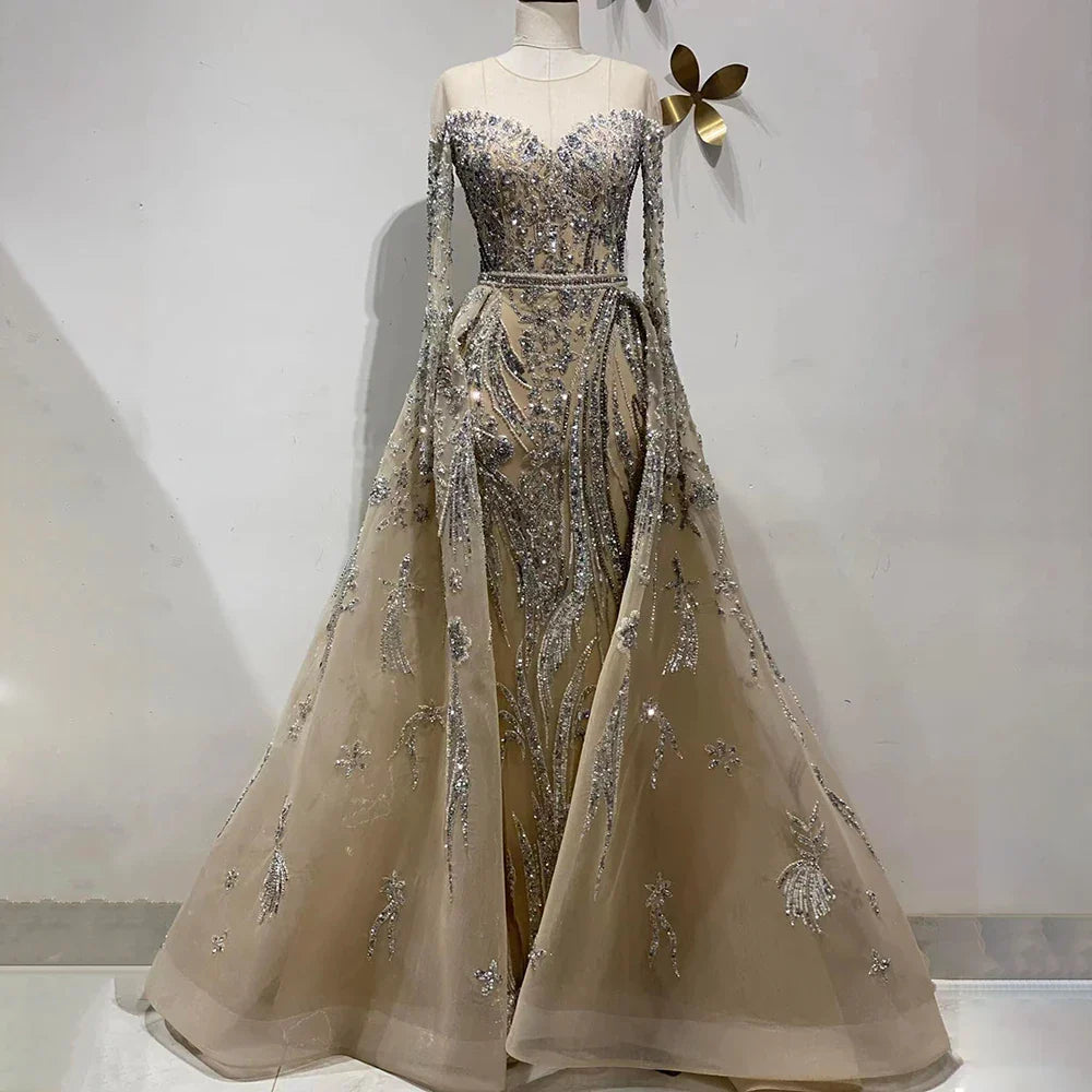 Vestidos de noche musulmanes estilo sirena con sobrefalda y cuentas, estilo Dubái, 2025, para bodas, LA71943