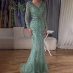 Vestido de noche árabe turquesa elegante con cuentas y abertura en la espalda, estilo sirena, para mujer, para fiesta de boda, LA72007 