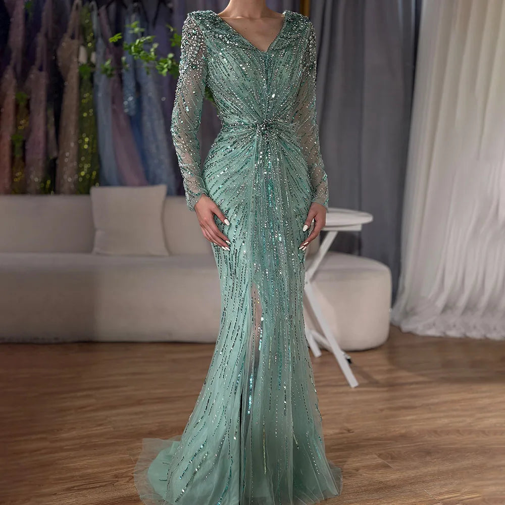 Vestido de noche árabe turquesa elegante con cuentas y abertura en la espalda, estilo sirena, para mujer, para fiesta de boda, LA72007 