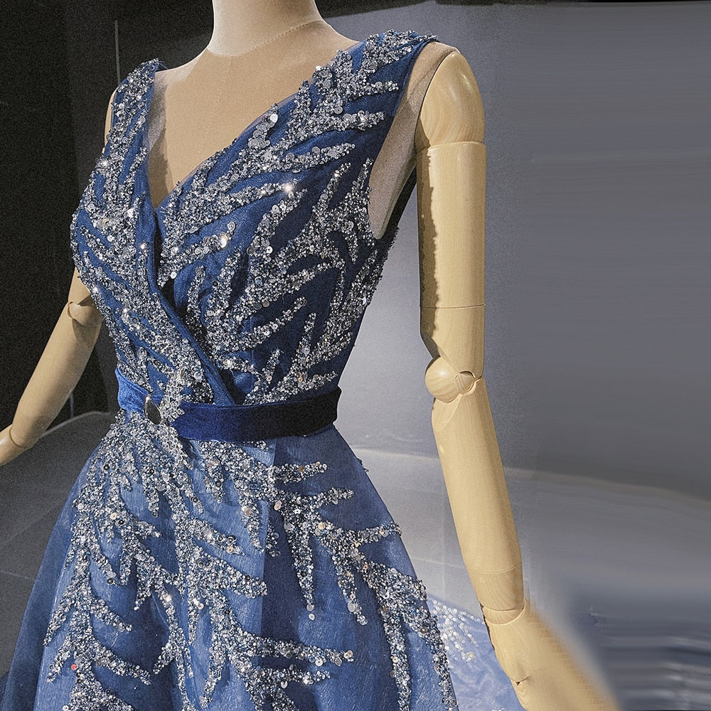 Vestidos de noche azules con cuentas brillantes, escote en V, sexys, de lujo, corte A, para mujer, fiesta, LA71508 