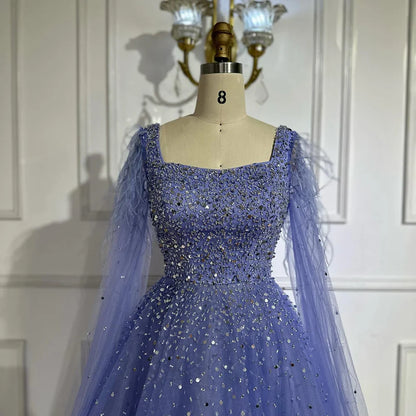 Vestidos de noche saudíes de lujo, corte A, azul árabe, con plumas, mangas capa y cuentas, para ocasiones formales 2025 LA71782A 