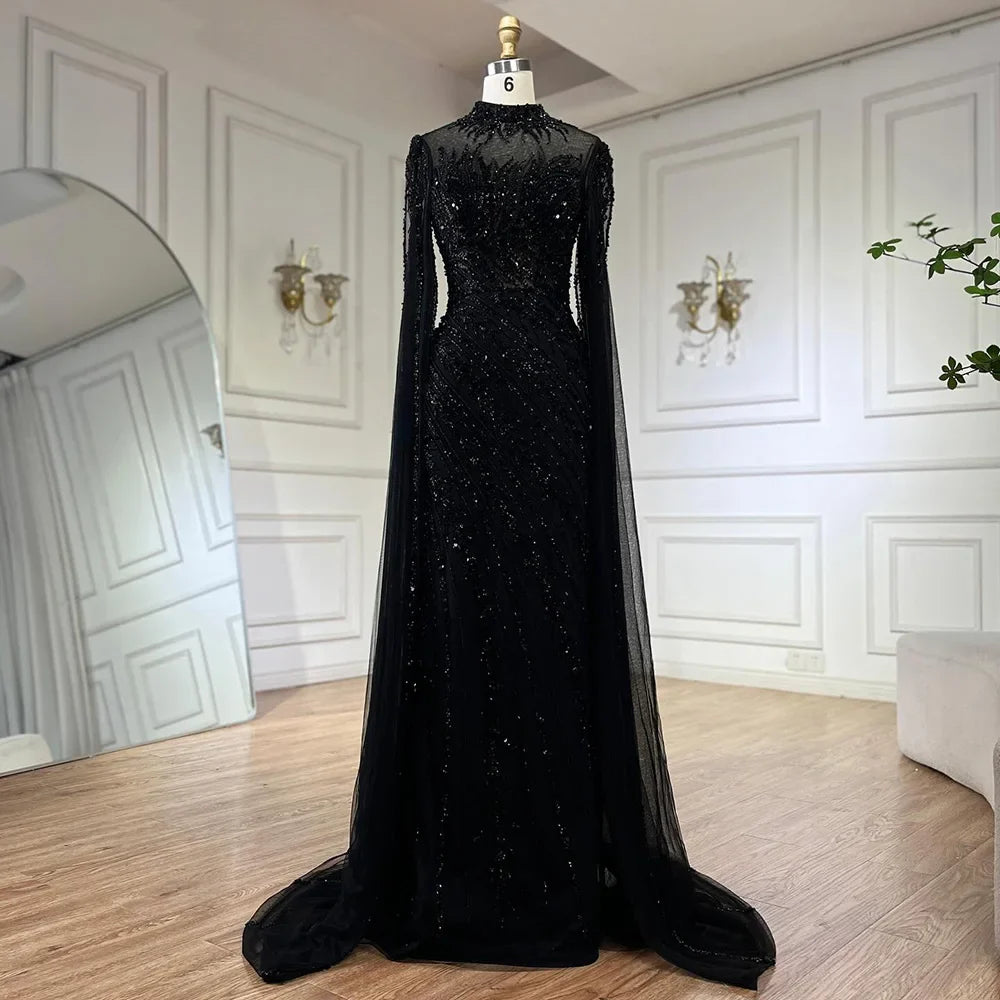 Luxuriöses Abendkleid im Meerjungfrauen-Stil in Schwarz mit Cape-Ärmeln LA71885A 