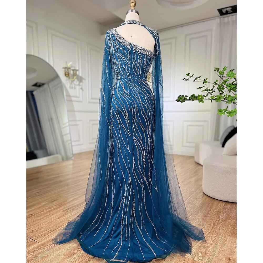 Vestido de noche elegante de sirena negra con mangas estilo capa y cuentas, de lujo, para mujer, estilo árabe, para fiesta, 2025, LA72112 