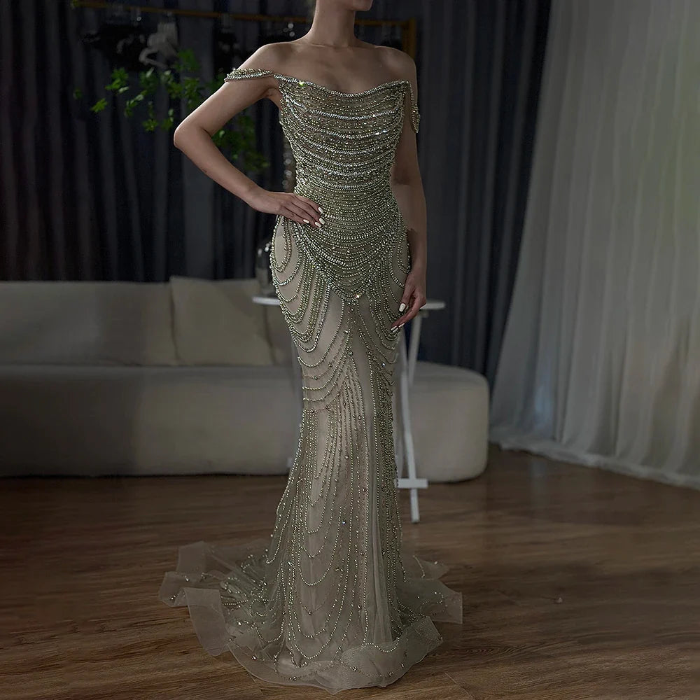 Luxus Kristall Silber Nude Meerjungfrau Dubai Abendkleider LA72253