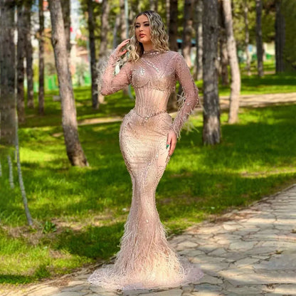 Vestidos de noche largos estilo sirena, con ilusión, perlas, cuentas y plumas, estilo dubaití, 2025, para mujer, para boda o fiesta, LA72245 