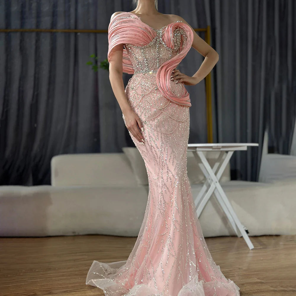 2025 Pink Mermaid Elegant One Shoulder Luxury Beaded Cut Out Evening Dresses Gowns for Women Wedding Party LA72455