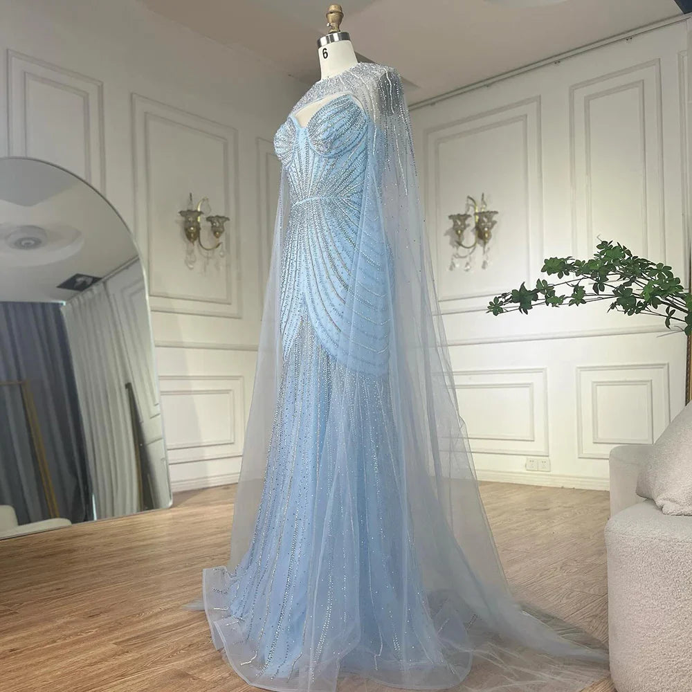Vestido de noche árabe azul con tirantes finos, cuentas y capa desmontable para ocasiones formales 2025 LA72784 