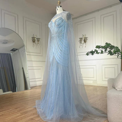 Vestido de noche árabe azul con tirantes finos, cuentas y capa desmontable para ocasiones formales 2025 LA72784 