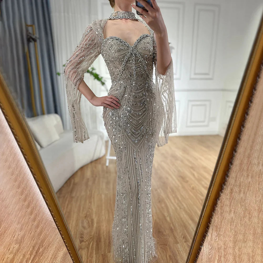 2025 Luxury Dubai Nude Sweetheart Mermaid Beaded Evening Gowns with Back Split for Women's Party LA72560A