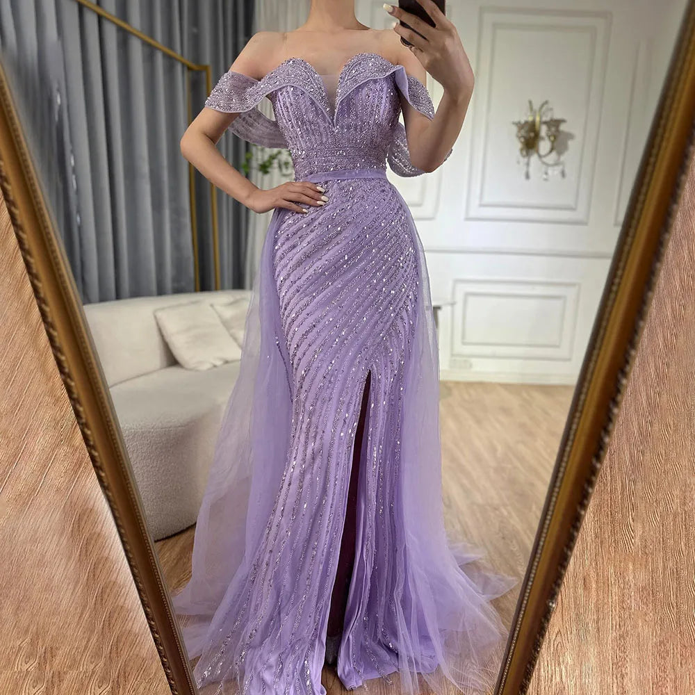 Nude Mermaid Elegant Mit Überrock Off Schulter Perlen Split Abendkleider Kleider Für Frau Party 2024 LA71728 