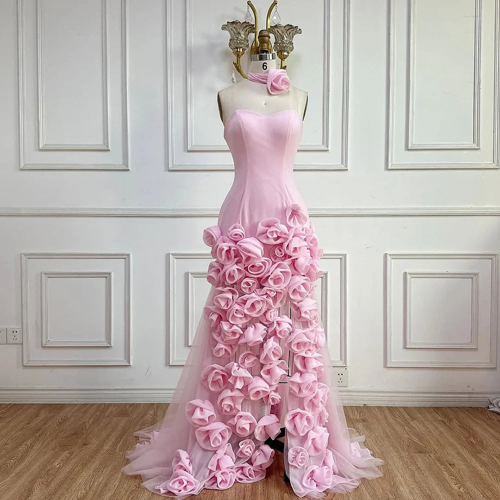 Elegantes Abendkleid für Mädchen, arabisch-rosa, 3D-Blumen, elegantes schulterfreies Kleid, seitlicher Schlitz, Abschlussball-Partykleider LA72568