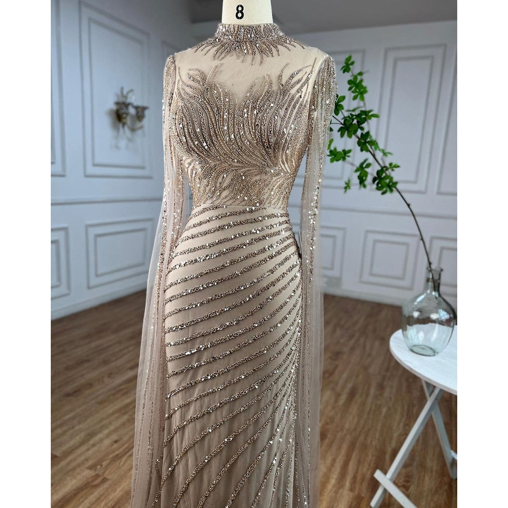 Arabisch Karamell Meerjungfrau Sexy Cape Ärmel Spitze Perlen Lange Abendkleider Kleider 2025 Für Frauen Hochzeit Party LA71885 