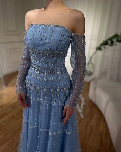 Vestido de noche de lujo estilo sirena, verde salvia, árabe, de Dubái, sin tirantes y con cuentas, para mujer, para boda 2025, LA72350 