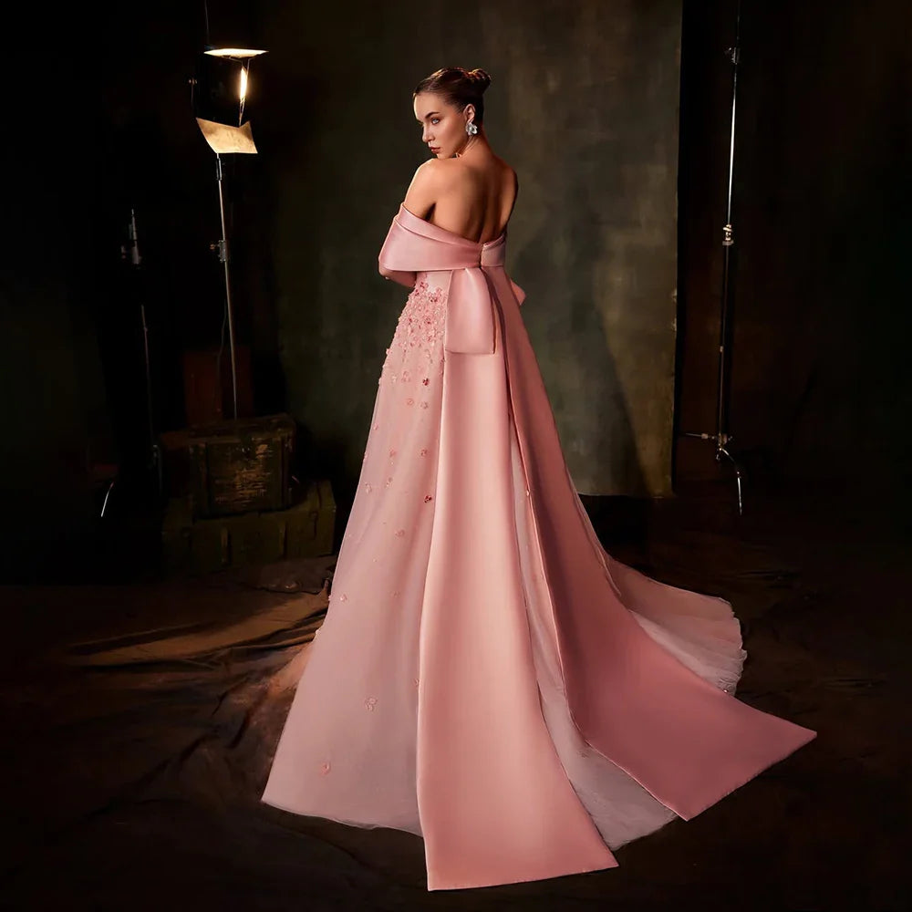 2025 Arabia Peach Off-the-Shoulder A-Line Satin Appliques Evening Dress Gown for Formal Occasion LA72830