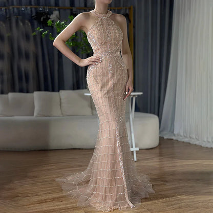 En oferta, sin devolución ni reembolso, venta de lo último en moda, vestidos de noche de sirena sexys con cuello halter y cuentas, vestido de fiesta de noche elegante de lujo, foto real LA6124