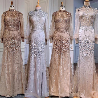 Silbernes, luxuriöses, perlenbesetztes Abendkleid im Meerjungfrauenstil mit langen Ärmeln LA71036 (im Angebot, keine Rückgabe, keine Rückerstattung)