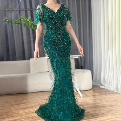 Vestidos de noche de lujo de sirena marrón, con cuentas y plumas, elegantes para mujer, para fiesta, LA71323 