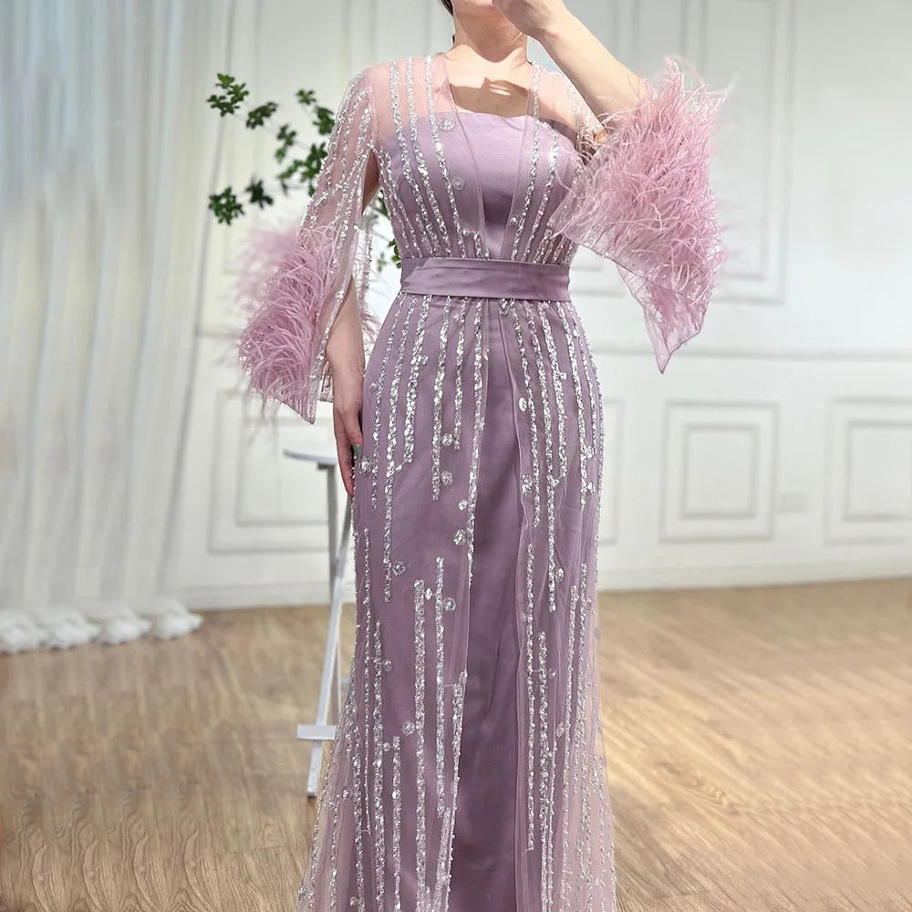 Vestido de noche marroquí con plumas y cuentas, corte A, color crema, con chaqueta, para fiesta, LA71759 