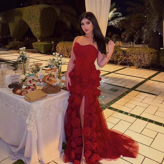 Elegantes Abendkleid für Mädchen, arabisch-rosa, 3D-Blumen, elegantes schulterfreies Kleid, seitlicher Schlitz, Abschlussball-Partykleider LA72568
