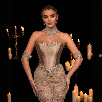 Luxuriöses Abendkleid mit Perlenkorsett, transparentes langes Kleid mit Handschuhen LA72929 