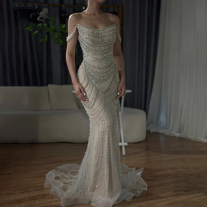 Luxus Kristall Silber Nude Meerjungfrau Dubai Abendkleider LA72253