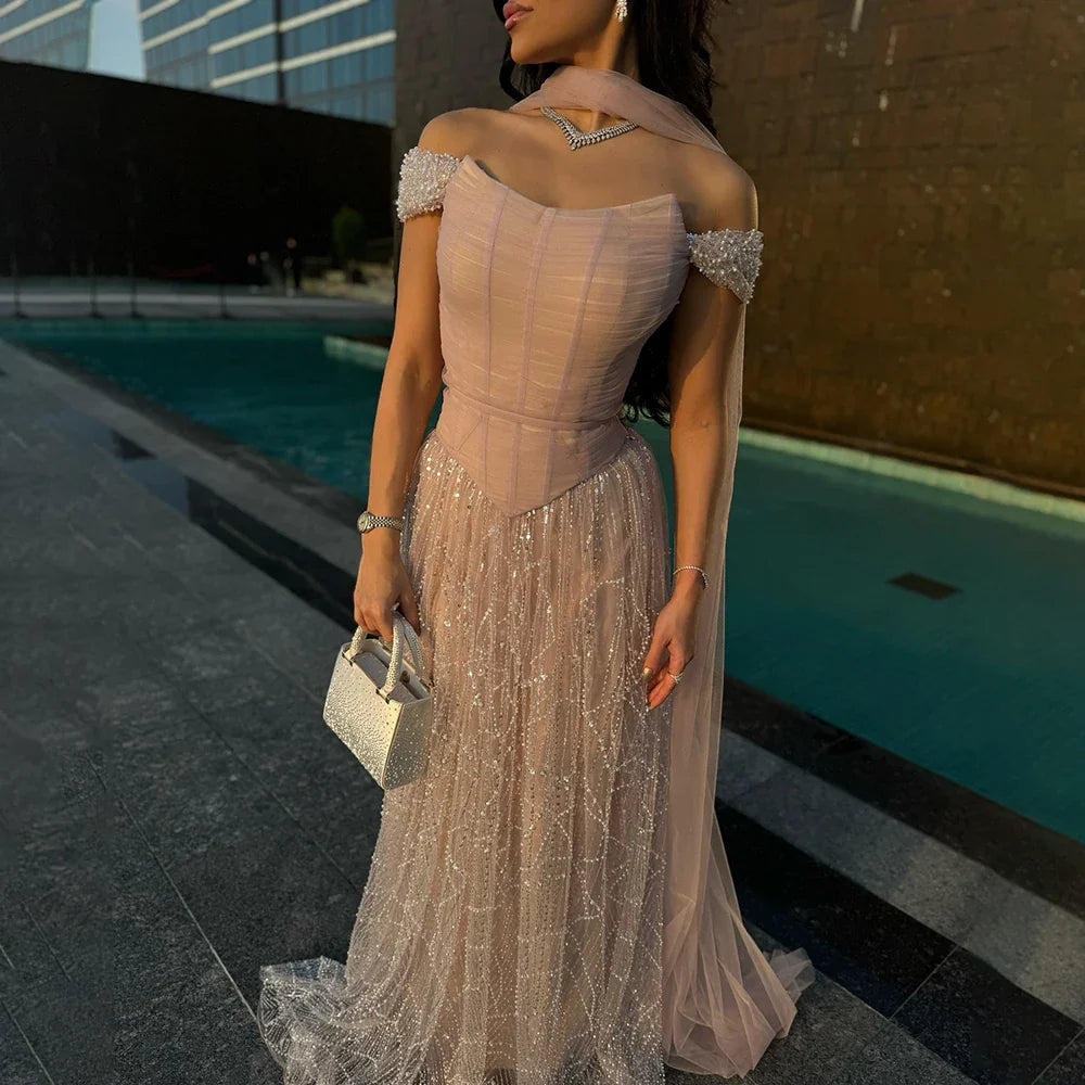 Vestido de noche de corte A con hombros descubiertos, cuentas y corsé LA72922