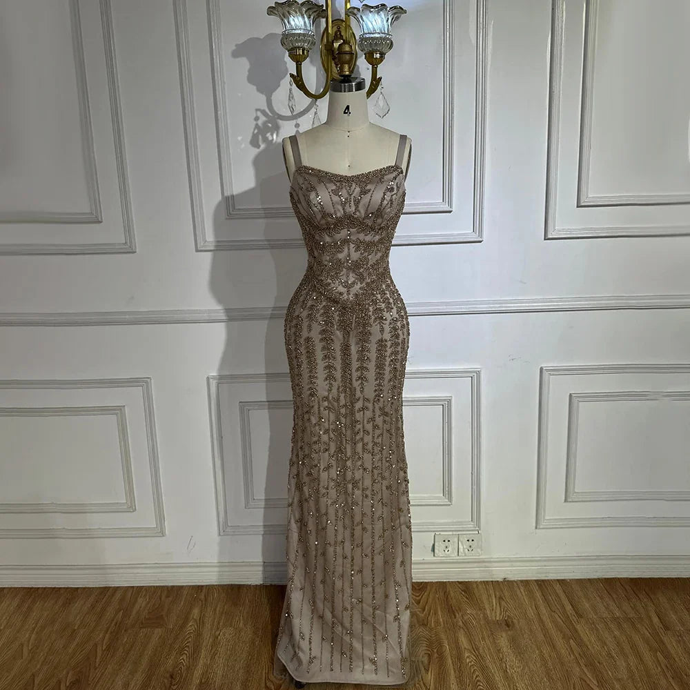 2025 Arabisches blaues Meerjungfrauenkleid mit Spaghettiträgern, luxuriöses perlenbesetztes Abendkleid aus Saudi-Arabien für formelle Anlässe LA72725 