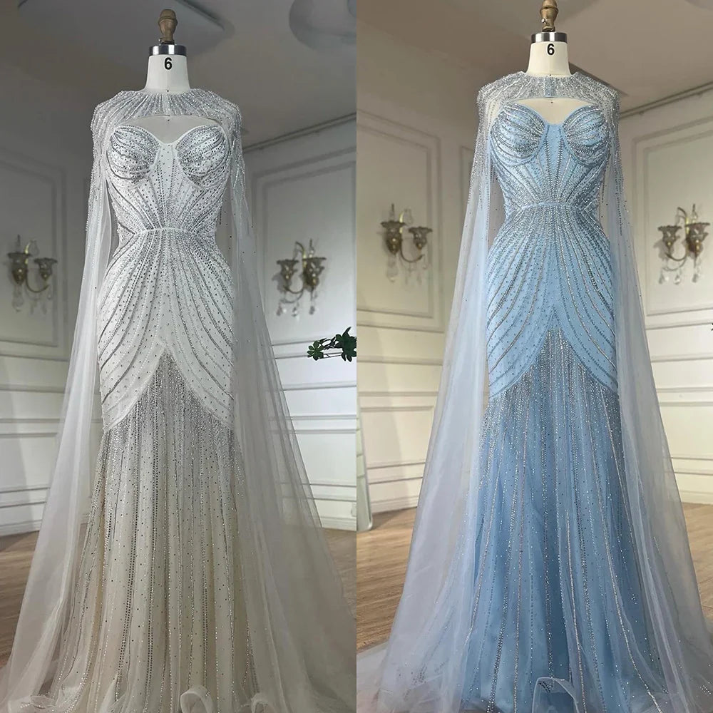 Vestido de noche árabe azul con tirantes finos, cuentas y capa desmontable para ocasiones formales 2025 LA72784 
